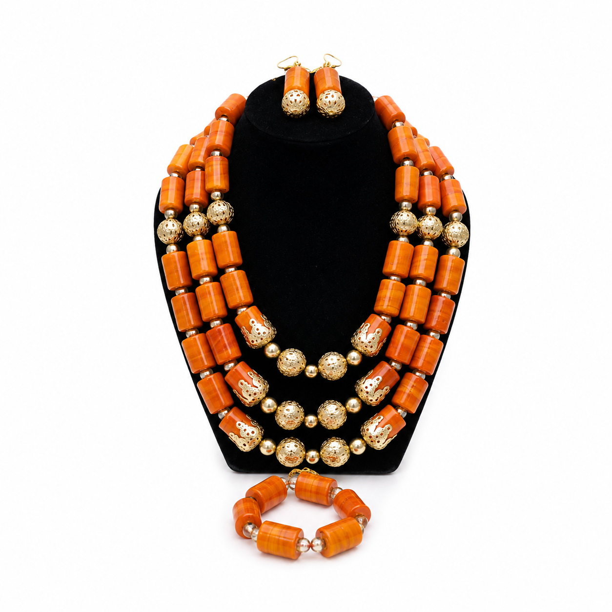 Orange & Gold African Bridal Beaded Jewelry Set